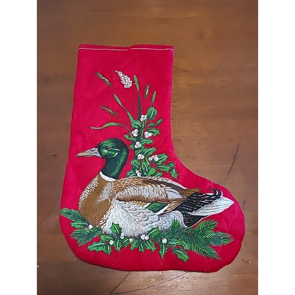 HANDMADE Christmas Stocking Colorful Duck Multicolored Quilted Fabric Mistletoe‎ - Picture 2 of 6